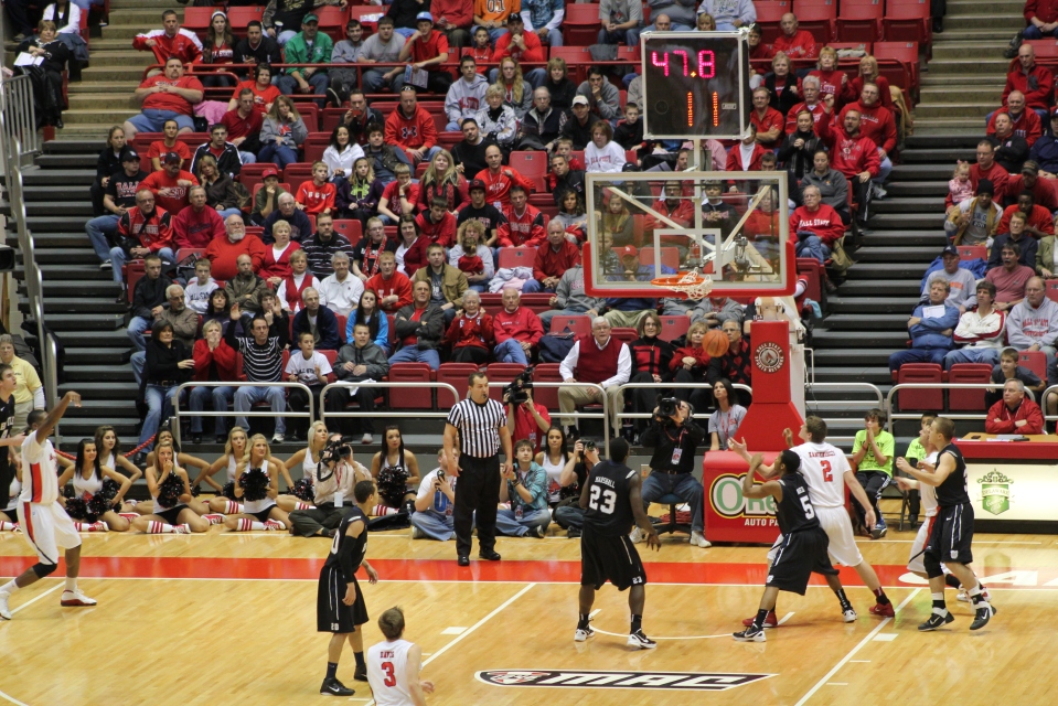 Jarrod Jones of Ball State University hits the shot that eventually gives Ball State the victory of Butler.